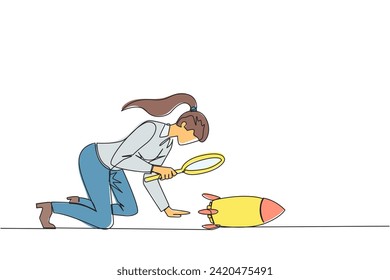 Single one line drawing businesswoman holding magnifying glass highlights rockets. Analyze details for launching a new business. The beginning of a new era. Continuous line design graphic illustration