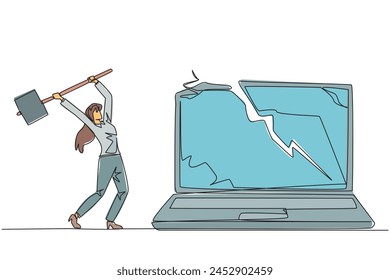 Single one line drawing businesswoman preparing to hit laptop. Rampage. Destroying technology that cannot be used optimally. Upgrade hardware and brainware. Continuous line design graphic illustration