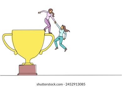 Single one line drawing businesswoman helps colleague climb the big trophy. An achievement that cannot be achieved without great teamwork. Smart teamwork. Continuous line design graphic illustration