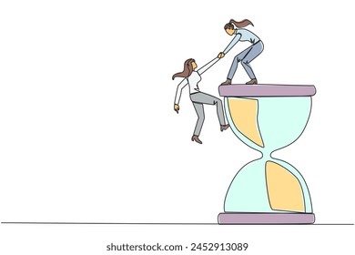 Single one line drawing businesswoman helps colleague climb the large hourglass. Have many assignment deadlines. Sharing with colleagues will become easier. Continuous line design graphic illustration