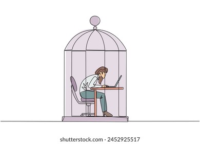 Single one line drawing businesswoman trapped in cage working on laptop computer. Plan to take annual leave to get away from routine. Workaholic. Overtime. Continuous line design graphic illustration