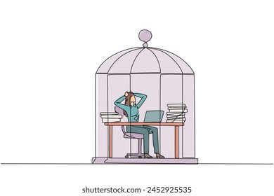 Single one line drawing businesswoman trapped in cage sitting on office chair holding head. Being in routine trap. Tired and irritated with the daily grind. Continuous line design graphic illustration