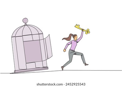 Single one line drawing businesswoman running out of the cage holding the key. Concept of freedom from something that binds. Freedom to advance business. Continuous line design graphic illustration