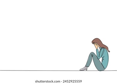Single one line drawing businesswoman sitting while covering face. A sad businesswoman bemoans the fate of business. Failure to develop business unit. Continuous line design graphic illustration