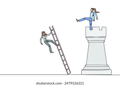 Single one line drawing businesswoman kicks opponent who climbing the chess rook with ladder. Wrong move. Wrong strategy. Plan leaked by colleague. Traitor. Continuous line design graphic illustration