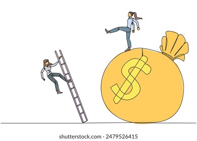 Single one line drawing businesswoman kicks opponent who climbing the money bag with a ladder. Cheated by a business partner. Unprofitable business. Rival. Continuous line design graphic illustration