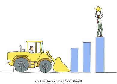 Single one line drawing businesswoman standing on the highest bar raising a star. Bulldozer ready to destroy the happiness. Betrayal. Fake friends. Traitor. Continuous line design graphic illustration