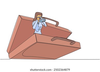 Single one line drawing businesswoman comes out of briefcase looks for something through binoculars. Prepare for business expansion by doing business trips. Continuous line design graphic illustration