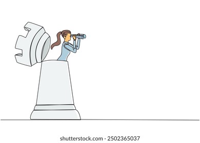 Single one line drawing businesswoman comes out rook chess looking for something through binoculars. Strategies that must be mature for business progress. Continuous line design graphic illustration