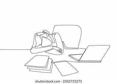 Una sola línea de dibujo de la mujer de negocios se sienta y se duerme en el escritorio de la oficina. Trabajo excesivo. Depresión. Estrés. Fatiga. Agotado. Día Nacional de la Siesta. Ilustración gráfica de diseño de línea continua