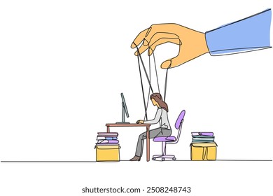 Single one line drawing businesswoman typing on a laptop, hands moved by ropes. Has no policies and authority. Like a puppet that must obey. Obedience. Continuous line design graphic illustration