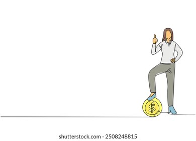 Single one line drawing businesswoman stands in a thumbs up pose and steps on a large coin with a dollar symbol. Excitement. Got a little extra capital. Continuous line design graphic illustration