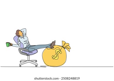 Single one line drawing businesswoman sitting relaxed in a work chair while holding a mug. Foot resting on the big money bag. Enjoying tremendous success. Continuous line design graphic illustration