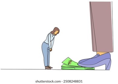 Single one line drawing businesswoman nodded in front of giant foot stepping on wad of banknotes. Failed to get bonus. Didn't reach the target. Regret. Continuous line design graphic illustration