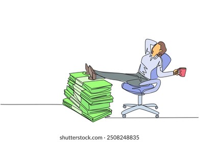 Single one line drawing businesswoman sitting relaxed in a work chair while holding mug. Foot resting on stacks of banknotes. Too many profit to be gained. Continuous line design graphic illustration