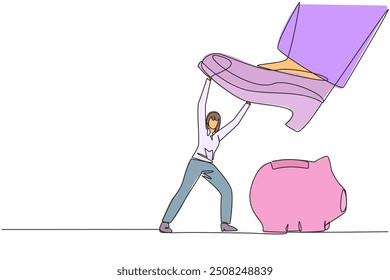 Single one line drawing businesswoman holds back giant foot wants to step on piggy bank. Protect company assets at all costs. In order to maintain profits. Continuous line design graphic illustration