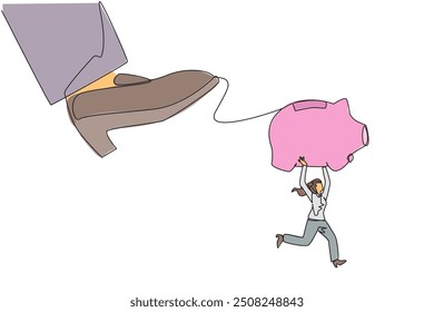 Single one line drawing businesswoman carrying piggy bank run away from giant foot. Taking investments must be trusted. The sovereigns prepare to destroy. Continuous line design graphic illustration