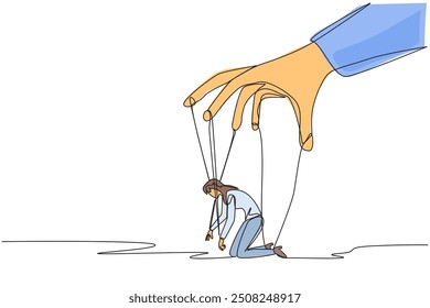 Single one line drawing businesswoman kneel, whole body bound by ropes controlled by giant hands. Captive. Hostage. Helpless. Losing business. Puppet. Continuous line design graphic illustration