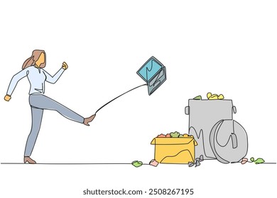 Single one line drawing businesswoman kicked laptop into the trash. Very angry. Operational costs increase when profits are small. Unprofitable. Emotional. Continuous line design graphic illustration