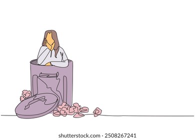 Single one line drawing a businesswoman is in the trash can. Poor mentality. Lost and wrong in everything. Business collapsed. Falling into debt everywhere. Continuous line design graphic illustration