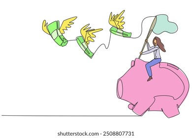 Single one line drawing businesswoman riding piggy bank catching flying banknotes. Hit by a financial crisis. Unstable finances. Trying to get capital. Continuous line design graphic illustration