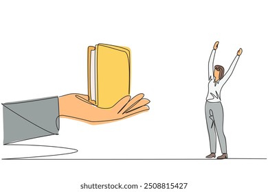 Single one line drawing the businesswoman was excited to get a wallet from the giant hand. There is a bonus in every trust given. Always work with pleasure. Continuous line design graphic illustration