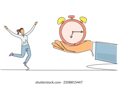 Single one line drawing businesswoman was excited to get alarm clock from a giant hand. Additional time to complete daily reports. Must always make profit. Continuous line design graphic illustration