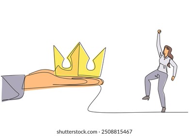 Una sola línea de dibujo de la empresaria está feliz de obtener la corona de la mano gigante. El mejor legado. Continuando con el negocio más exitoso de la familia. Ilustración gráfica de diseño de línea continua