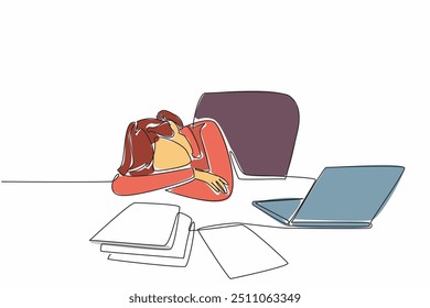 Una sola línea de dibujo de la mujer de negocios se sienta y se duerme en el escritorio de la oficina. Trabajo excesivo. Depresión. Estrés. Fatiga. Agotado. Día Nacional de la Siesta. Ilustración gráfica de diseño de línea continua