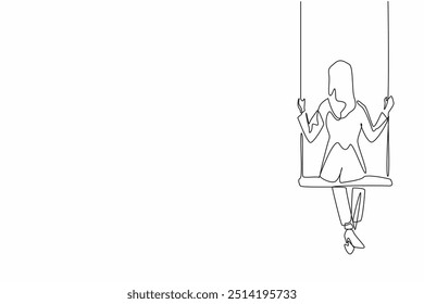 Single one line drawing businesswoman sitting pensively on swing. Elegant style with gloomy mood. Work relations arrested. Trying to find justice. Missing. Continuous line design graphic illustration