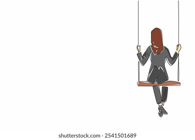 Single one line drawing businesswoman sitting pensively on swing. Elegant style with gloomy mood. Work relations arrested. Trying to find justice. Missing. Continuous line design graphic illustration