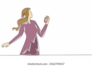 Single one line drawing a businesswoman sprays perfume on her neck. Spray on warm spots to release long-lasting scent. Fashionable. National Perfume Day. Continuous line design graphic illustration