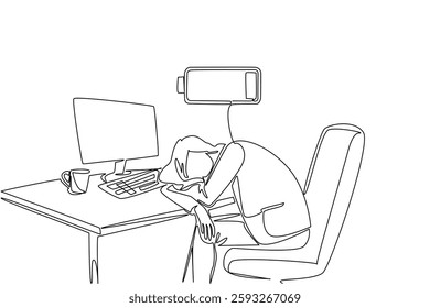 Single one line drawing a businesswoman sleeping at her desk. A cup of warm coffee still makes the sleepy. Weak. Recharge. Chronic Fatigue Syndrome Day. Continuous line design graphic illustration