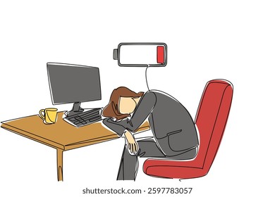 Single one line drawing a businesswoman sleeping at her desk. A cup of warm coffee still makes the sleepy. Weak. Recharge. Chronic Fatigue Syndrome Day. Continuous line design graphic illustration