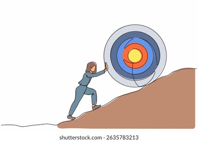 Single one line drawing businesswoman push up big target to mountain. Salary woman pushing giant target upwards so very difficult. Goal too big can be difficult. Continuous line design graphic vector