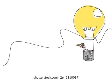 Uma única linha desenhando a empresária anda balão de ar quente em forma de lâmpada e olha através usando monocular. Novas oportunidades. Dia Nacional da Criatividade. Ilustração gráfica de design de linha contínua