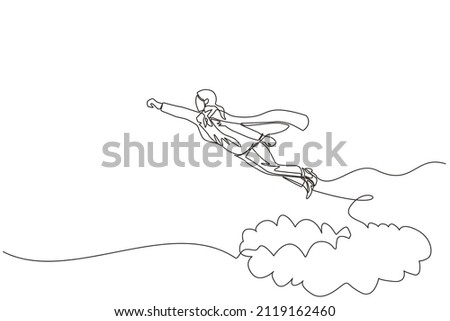 Single one line drawing businesswoman superhero flies up and leaves cloud of dust. Super worker in cloak takes off. Power and uniqueness business concept. Continuous line draw design graphic vector