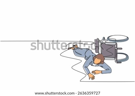 Single one line drawing businesswoman fell off wheelchair sitting on floor. Disabled female patient accident falling down and crawling for help in hospital room. Continuous line design graphic vector