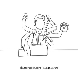 Single one line drawing of busy young business man with holding telephone, alarm clock, paper. Business time discipline metaphor concept. Modern continuous line draw design graphic vector illustration