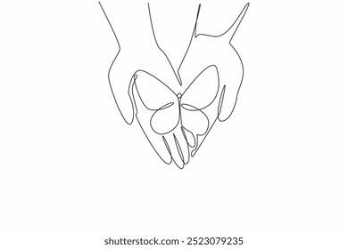 Single one line drawing butterflies perched on two open, stacked palms. Protect. Accept as without distinction. A peaceful world. Zero Discrimination Day. Continuous line design graphic illustration