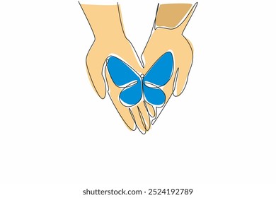 Single one line drawing butterflies perched on two open, stacked palms. Protect. Accept as without distinction. A peaceful world. Zero Discrimination Day. Continuous line design graphic illustration