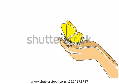 Single one line drawing butterflies flying on two open palms. Like holding up water as a source of life. There is the best hope. Zero Discrimination Day. Continuous line design graphic illustration