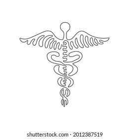 Single one line drawing Caduceus - medical center, pharmacy, hospital with popular symbol of medicine. Medical logo. Swirl curl style. Modern continuous line draw design graphic vector illustration