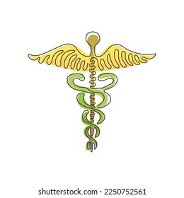 Single one line drawing Caduceus - medical center, pharmacy, hospital with popular symbol of medicine. Medical logo. Swirl curl style. Modern continuous line draw design graphic vector illustration