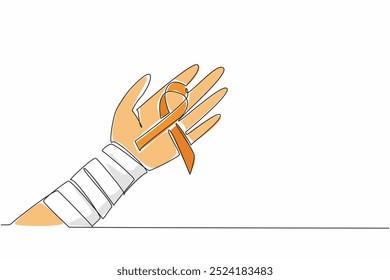 Single one line drawing campaign ribbon on palm with arm wrapped in bandage. Resilience and hope in the face of illness. Survivor. Self-Injury Awareness Day Continuous line design graphic illustration