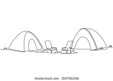 Single one line drawing camping landscape in campsite ground. Pair of tents with two chair in forest on grass. Summer camping on nature. Eco tourism. Continuous line draw design vector illustration