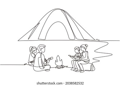 Single one line drawing camping family warm their bodies around campfire tents.  Dad playing guitar, mom and kids sitting on ground and logs, sing song. Continuous line draw design vector illustration