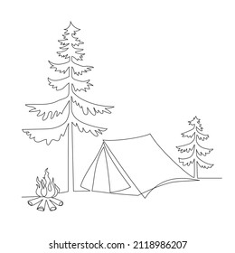 Single one line drawing camping landscape with bonfire. Summer camping on nature. Eco tourism. Continuous line draw design vector illustration