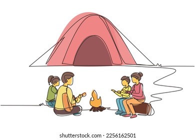 Single one line drawing camping family warm their bodies around campfire tents. Dad playing guitar, mom and kids sitting on ground and logs, sing song. Continuous line draw design vector illustration