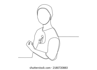 Single one line drawing cancer boy showing her fist of power against his cancer. Childhood Cancer Awareness Month Concept. Continuous line draw design graphic vector illustration.